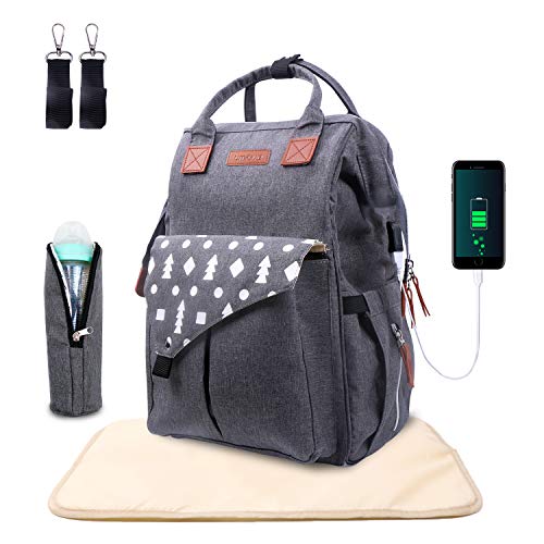 Umitive Mochilas de Pañales para Bebé, Maternal Bolso Multifuncional con USB de Viaje, Gran Capacidad, Impermeable, Enviar 2 Correas de Cochecito y 1 Cambiador y 1 Bolsa Aislante, Gris