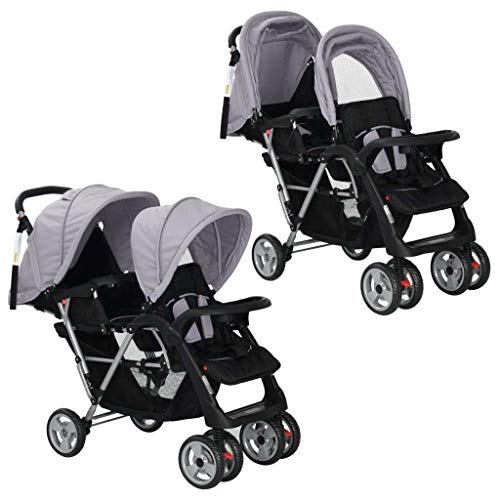 UnfadeMemory Silla Gemelar para Bebés Tandem,Cochecito Gemelos Doble,Carrito Gemelar,Ligera y Compacta,con Cesta Grande y Ruedas Bloqueables,Adecuado para Niños de 6-36 Meses (Gris y Negro)