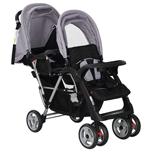 UnfadeMemory Silla Gemelar para Bebés Tandem,Cochecito Gemelos Doble,Carrito Gemelar,Ligera y Compacta,con Cesta Grande y Ruedas Bloqueables,Adecuado para Niños de 6-36 Meses (Gris y Negro)