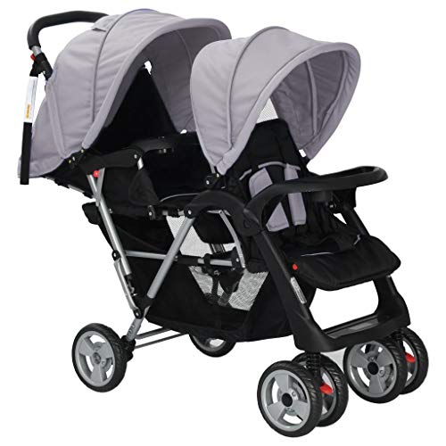 UnfadeMemory Silla Gemelar para Bebés Tandem,Cochecito Gemelos Doble,Carrito Gemelar,Ligera y Compacta,con Cesta Grande y Ruedas Bloqueables,Adecuado para Niños de 6-36 Meses (Gris y Negro)