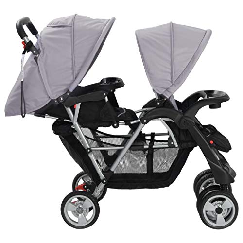 UnfadeMemory Silla Gemelar para Bebés Tandem,Cochecito Gemelos Doble,Carrito Gemelar,Ligera y Compacta,con Cesta Grande y Ruedas Bloqueables,Adecuado para Niños de 6-36 Meses (Gris y Negro)