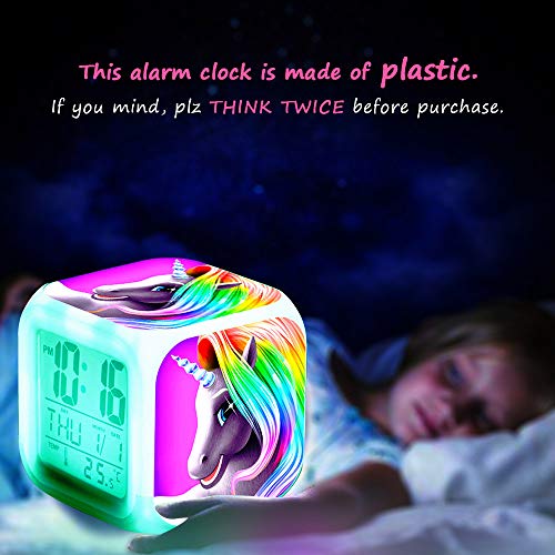 Unicornio Despertador Infantil Relojes de alarma digitales para niñas, LED de noche que brilla intensamente Reloj LCD con luz para niños Despertar Reloj de cabecera (1)