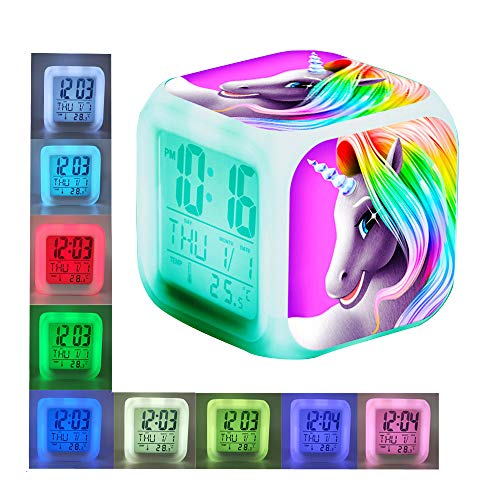 Unicornio Despertador Infantil Relojes de alarma digitales para niñas, LED de noche que brilla intensamente Reloj LCD con luz para niños Despertar Reloj de cabecera (1)