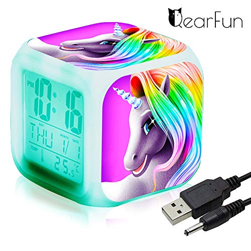 Unicornio Despertador Infantil Relojes de alarma digitales para niñas, LED de noche que brilla intensamente Reloj LCD con luz para niños Despertar Reloj de cabecera (1)