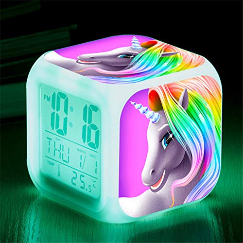 Unicornio Despertador Infantil Relojes de alarma digitales para niñas, LED de noche que brilla intensamente Reloj LCD con luz para niños Despertar Reloj de cabecera (1)