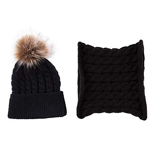 Unisex Linda Sombrero y Bufanda de Punto para Bebé Recién Nacido Juego de 2 Piezas Gorra con Pompon Gorro de Invierno para Bebé Niños Niñas