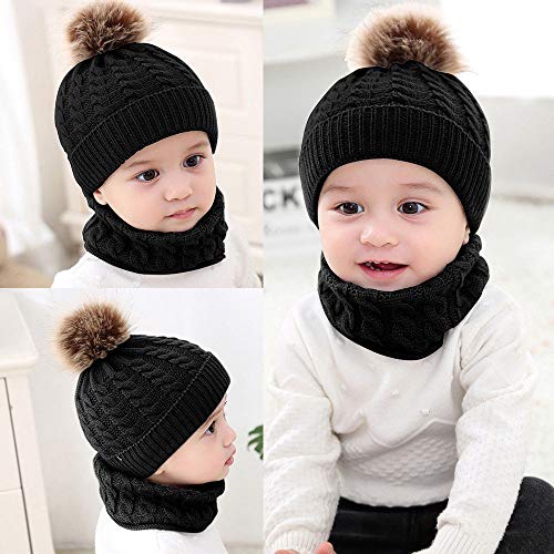 Unisex Linda Sombrero y Bufanda de Punto para Bebé Recién Nacido Juego de 2 Piezas Gorra con Pompon Gorro de Invierno para Bebé Niños Niñas