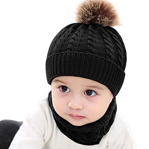 Unisex Linda Sombrero y Bufanda de Punto para Bebé Recién Nacido Juego de 2 Piezas Gorra con Pompon Gorro de Invierno para Bebé Niños Niñas