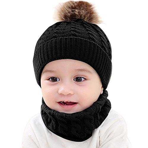 Unisex Linda Sombrero y Bufanda de Punto para Bebé Recién Nacido Juego de 2 Piezas Gorra con Pompon Gorro de Invierno para Bebé Niños Niñas