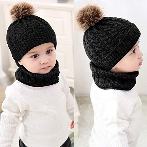 Unisex Linda Sombrero y Bufanda de Punto para Bebé Recién Nacido Juego de 2 Piezas Gorra con Pompon Gorro de Invierno para Bebé Niños Niñas