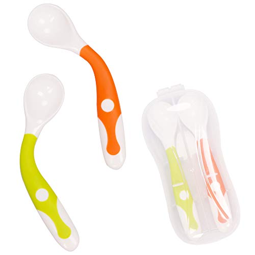 Utensilios para bebé Cucharas Set de bifurcaciones con estuche para viajes Niños Alimentación Cuchara de entrenamiento Agarre fácil Resistente al calor Flexible Aprender cucharas (juego de 2)