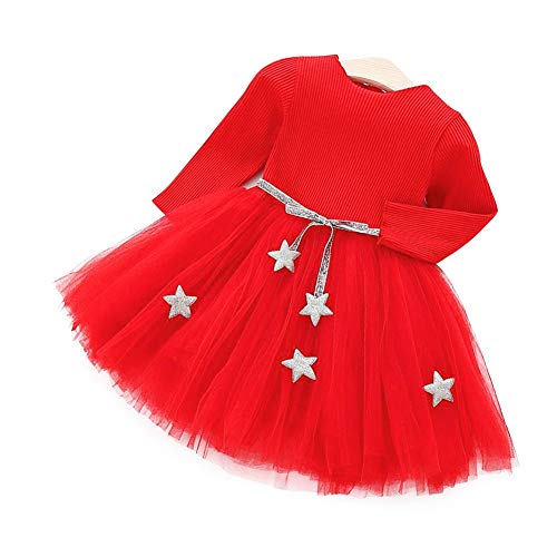 Vestido de tutú de punto con mangas largas para bebés Vestido de tul con princesa infantil y falda con mezcla de algodón con cintura de estrellas para