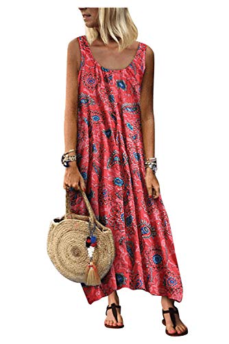 Vestido Tirantes Mujer Largo Bohemio Hippie Chic Vestido Estampado Floral Etnico Swing Vestido Linea a Tunica de Playa Casual Vestido Sin Mangas Hombros Descubierto Caftan Baño Talla Grande Maxi Dress