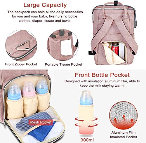 Viedouce Mochilas para Pañales Biberones,Bolso del Bebé Mamá,Impermeable con Estilo Oxford Bolso Pañal de Gran Capacidad, con Portátil Cambiador y 2 Piezas Ganchos Carrito Bebé (Rosado)