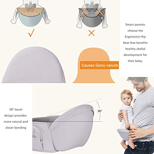 Viedouce Portabebé Ergonómico Asiento de Cadera,con Protección del Cinturón la Seguridad,Algodón Puro Ligero,Taburete de Cintura de Posición Múltiple por Bebé Niños 6-36 Meses(Gris)