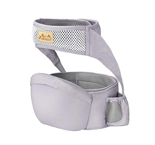 Viedouce Portabebé Ergonómico Asiento de Cadera,con Protección del Cinturón la Seguridad,Algodón Puro Ligero,Taburete de Cintura de Posición Múltiple por Bebé Niños 6-36 Meses(Gris)