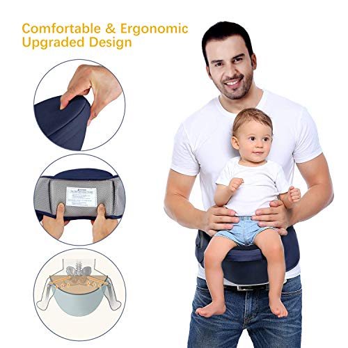 Viedouce Portabebé Ergonómico Asiento de Cadera,con Protección del Cinturón la Seguridad,Algodón Puro Ligero,Taburete de Cintura de Posición Múltiple por Bebé Niños 6-36 Meses(Azul Oscuro)