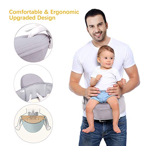 Viedouce Portabebé Ergonómico Asiento de Cadera,con Protección del Cinturón la Seguridad,Algodón Puro Ligero,Taburete de Cintura de Posición Múltiple por Bebé Niños 6-36 Meses(Gris)