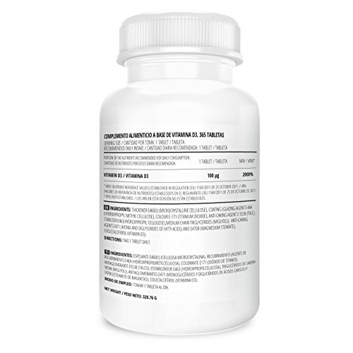 Vitamina D3 de Vitaminalia | Colecalciferol 4000 IU | Suplementación para 1 Año | Absorción de Calcio + Salud Articular + Función Hormonal | Apto Vegetariano, Sin Gluten, Sin Lactosa | 365 tabletas