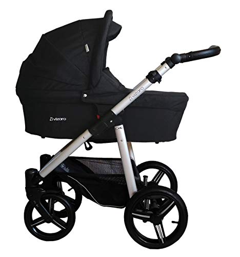 Vizaro ONYX 2020 DÚO 2 en 1 - Carrito Bebé GAMA ALTA REAL - MARCA ESPAÑOLA - Ligero y funcional - Hecho en UE - TEXTILES MUY ALTA CALIDAD - Garantía 3 Años - Textil NEGRO Chasis PLATEADO