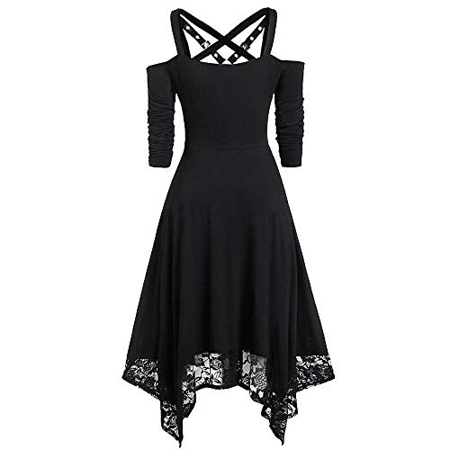 VJGOAL Mujer Moda Halloween Punk Vestido gótico Sexy Fuera del Hombro Encaje Patchwork Media Manga Vestido Plisado Negro