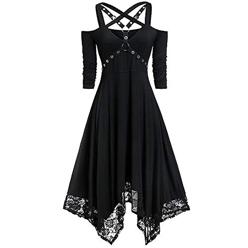 VJGOAL Mujer Moda Halloween Punk Vestido gótico Sexy Fuera del Hombro Encaje Patchwork Media Manga Vestido Plisado Negro