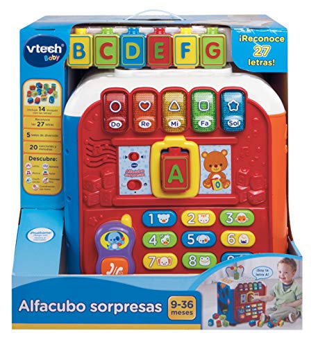 VTech- Alfacubo sorpresas Maxi Cubo de Actividades Que Contiene Engranajes y Bloques de construcción, más de 30 Canciones, Frases y melodías Que enseñan Formas, Letras, Colores y música (3480-135422)