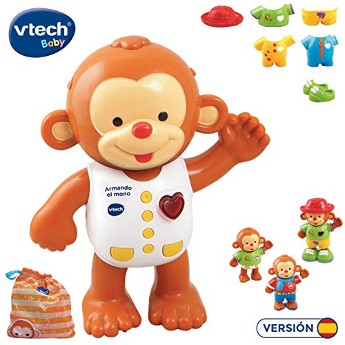 VTech - Armando el mono, Monito interactivo para aprender a vestirlo, enseña los colores, hábitos para vestirse, emociones, sentimientos y estimula los sentidos del tacto,auditivo y visual (80-129622)