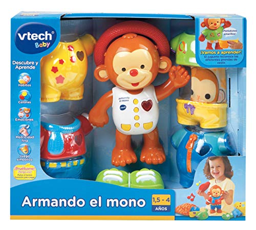 VTech - Armando el mono, Monito interactivo para aprender a vestirlo, enseña los colores, hábitos para vestirse, emociones, sentimientos y estimula los sentidos del tacto,auditivo y visual (80-129622)