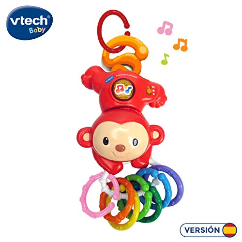 VTech - Armando Multicolor, Monito Interactivo Que Habla, Canta y emite Sonidos Cuando el bebé lo agita, sonajero y 8 Anillas con Diferentes Texturas, válido para Silla Paseo, Coche (80-185522)