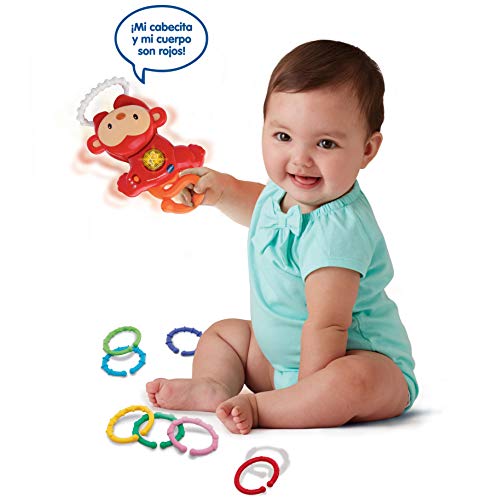 VTech - Armando Multicolor, Monito Interactivo Que Habla, Canta y emite Sonidos Cuando el bebé lo agita, sonajero y 8 Anillas con Diferentes Texturas, válido para Silla Paseo, Coche (80-185522)