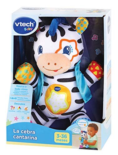 VTech - La Cebra cantarina, Peluche bebé Cuna Que estimula los sentidos del bebé a través de Diferentes Texturas, enseña Colores, Sentimientos, primeras Palabras y fomenta la motricidad Fina