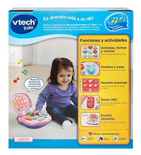 VTech-Mis primeras Teclas Ordenador Infantil con Tres Modos de Juegos Que enseña Animales, Colores, Formas y Notas Musicales, Rosa (3480-191257)