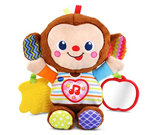 VTech - Monito bebé, Peluche sonajero con un mordedor en Forma de plátano y botón de corazón Que Activa más de 50 Frases, Canciones, Sonidos y melodías, Espejo de Seguridad, Anilla para Carrito