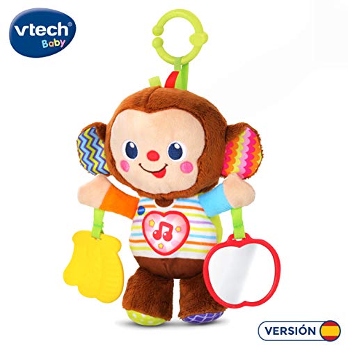 VTech - Monito bebé, Peluche sonajero con un mordedor en Forma de plátano y botón de corazón Que Activa más de 50 Frases, Canciones, Sonidos y melodías, Espejo de Seguridad, Anilla para Carrito