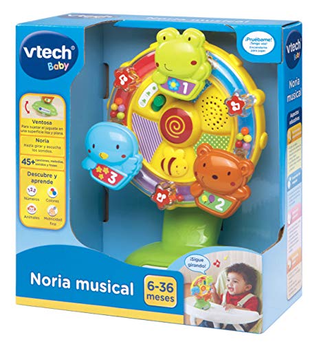 VTech- Noria Musical Sonajero Interactivo Que Incluye una Ventosa para pegarlo en una superfície Lisa y Plana o adherirlo a la Trona, enseña Vocabulario, Animales y Colores (3480-165922)