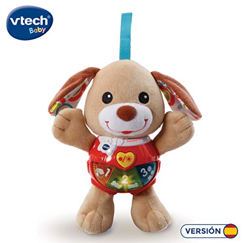 VTech - Peque Perrito de Peluche Interactivo con Canciones Voces y Actividades Que estimulan al bebé en Diferentes aspectos Desarrollo Motor, del lenguaje y sensorial, Color marrón (3480-502322)