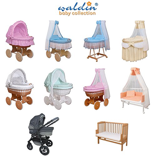 WALDIN Cuna Moisés, carretilla portabebés XXL, 24 modelos a elegir,Madera/ruedas lacado en blanco,color textil blanco/blanco