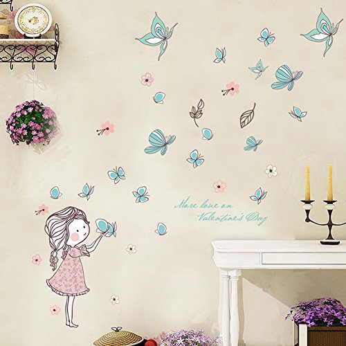 Wallpark Dibujos animados Lindo Niña Liberando Mariposa Desmontable Pegatinas de Pared Etiqueta de la Pared, Bebé Niños Hogar Infantiles Dormitorio Vivero DIY Decorativas Adhesivo Arte Murales