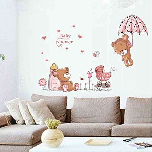 Wallpark Lindo Oso Bebé Mantenga Paraguas Desmontable Pegatinas de Pared Etiqueta de la Pared, Bebé Niños Hogar Infantiles Dormitorio Vivero DIY Decorativas Adhesivo Arte Murales