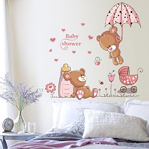 Wallpark Lindo Oso Bebé Mantenga Paraguas Desmontable Pegatinas de Pared Etiqueta de la Pared, Bebé Niños Hogar Infantiles Dormitorio Vivero DIY Decorativas Adhesivo Arte Murales