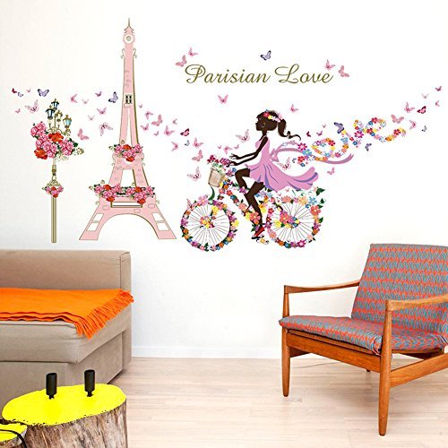 Wallpark Romántico Rosa Torre Eiffel Hada Niña en Flores Mariposas Bicicleta Desmontable Pegatinas de Pared Etiqueta de la Pared, Niños Hogar Infantiles Dormitorio Vivero DIY Decorativas Arte Murales