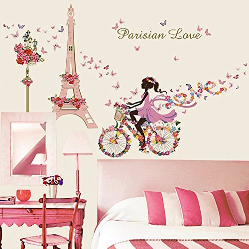 Wallpark Romántico Rosa Torre Eiffel Hada Niña en Flores Mariposas Bicicleta Desmontable Pegatinas de Pared Etiqueta de la Pared, Niños Hogar Infantiles Dormitorio Vivero DIY Decorativas Arte Murales