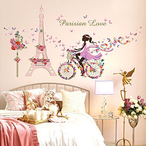 Wallpark Romántico Rosa Torre Eiffel Hada Niña en Flores Mariposas Bicicleta Desmontable Pegatinas de Pared Etiqueta de la Pared, Niños Hogar Infantiles Dormitorio Vivero DIY Decorativas Arte Murales