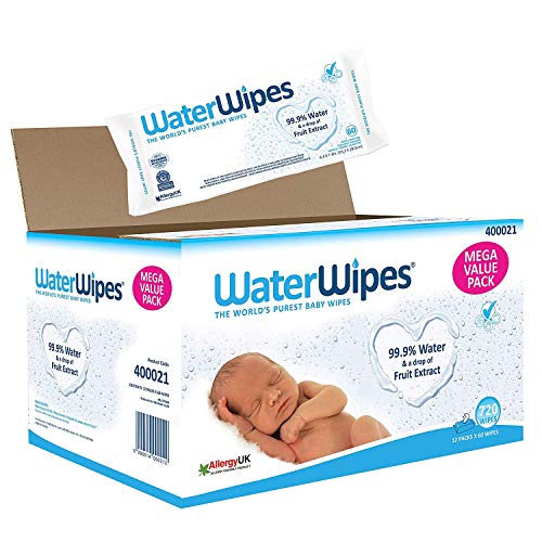 WaterWipes Toallitas para Pieles Sensible de Bebé, 99.9% agua purificada, 12 paquetes x 60 toallitas (720 toallitas)