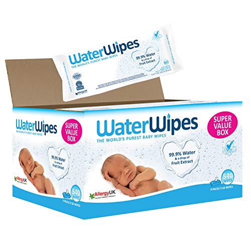 WaterWipes Toallitas para Pieles Sensible de Bebé, 99.9% agua purificada, 9 paquetes x 60 toallitas (540 toallitas)