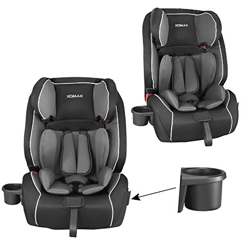 XOMAX HQ668 Silla de coche ISOFIX Grupo 1/2/3 con portabotellas I creciendo con el niño: 1-12 años, 9-36kg I cinturón de 5 puntos y cinturón de 3 puntos I funda extraíble y lavable I ECE R44/04