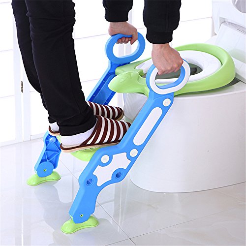 XYL Entrenamiento insignificante del bebé del Asiento de tocador Ajustable Trainer Aseo Niño con el Paso de heces Escalera, Antideslizante, Resistente (75kg), Plegable para niños 1-7 (Verde y Azul)