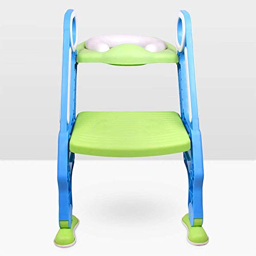 XYL Entrenamiento insignificante del bebé del Asiento de tocador Ajustable Trainer Aseo Niño con el Paso de heces Escalera, Antideslizante, Resistente (75kg), Plegable para niños 1-7 (Verde y Azul)