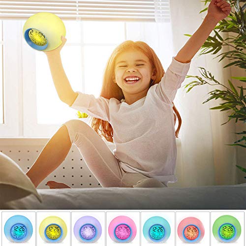 YUES Reloj Despertador Digital para niños con Calendario y termómetro, 7 Colores Cambio de luz con Control táctil Junto a la Cama (Verde)